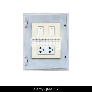 Electrical switch and plug on wall. Isolated on white background with copy space Stock Photo