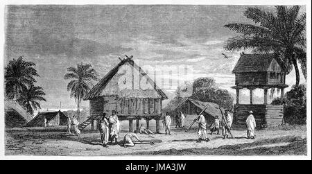 Old view of Madagascar huts and pigeon house. Created by Bérard, published on Le Tour du Monde, Paris, 1861 Stock Photo