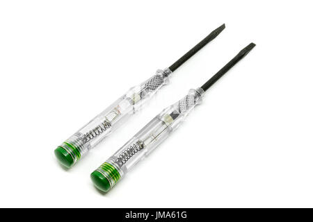 Screwdriver with tester isolated on a white background. Tool to check electric voltage. Stock Photo