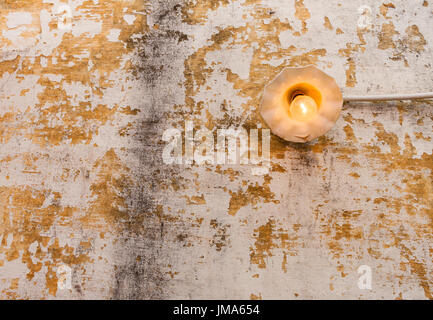 A bright lit incandescent light bulb with yellow filament on an old chipped wall. A bright lit incandescent light bulb with yellow filament on an old chipped wall.