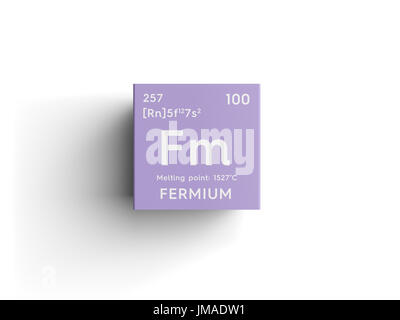 Fermium. Actinoids. Chemical Element of Mendeleev's Periodic Table. Fermium in square cube creative concept. Stock Photo