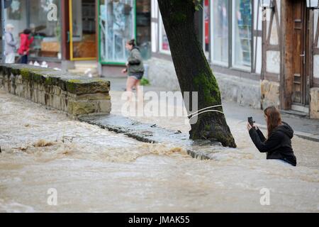 Fludded historical old town of Goslar, Germany, city of Goslar, 26. July 2017. Continuous rains have led to the flooding of several towns in southern Lower Saxony. Photo: Frank May | usage worldwide Stock Photo