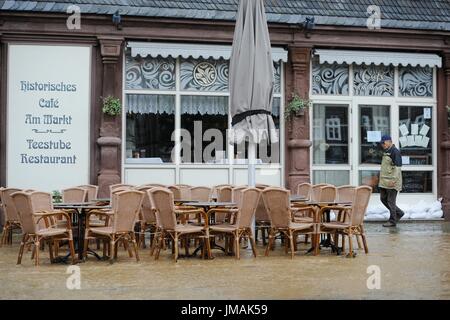 Fludded historical old town of Goslar, Germany, city of Goslar, 26. July 2017. Continuous rains have led to the flooding of several towns in southern Lower Saxony. Photo: Frank May | usage worldwide Stock Photo