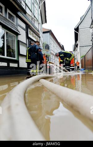 Fludded historical old town of Goslar, Germany, city of Goslar, 26. July 2017. Continuous rains have led to the flooding of several towns in southern Lower Saxony. Photo: Frank May | usage worldwide Stock Photo