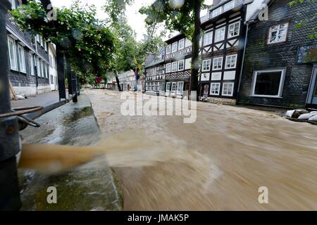 Fludded historical old town of Goslar, Germany, city of Goslar, 26. July 2017. Continuous rains have led to the flooding of several towns in southern Lower Saxony. Photo: Frank May | usage worldwide Stock Photo