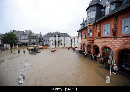 Fludded historical old town of Goslar, Germany, city of Goslar, 26. July 2017. Continuous rains have led to the flooding of several towns in southern Lower Saxony. Photo: Frank May | usage worldwide Stock Photo