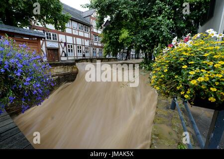 Fludded historical old town of Goslar, Germany, city of Goslar, 26. July 2017. Continuous rains have led to the flooding of several towns in southern Lower Saxony. Photo: Frank May | usage worldwide Stock Photo