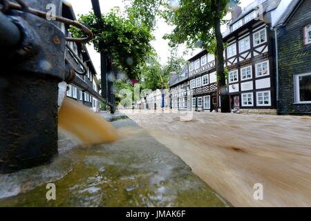 Fludded historical old town of Goslar, Germany, city of Goslar, 26. July 2017. Continuous rains have led to the flooding of several towns in southern Lower Saxony. Photo: Frank May | usage worldwide Stock Photo