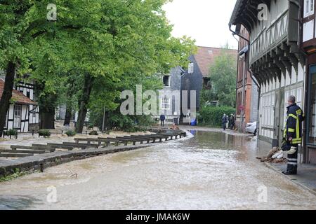 Fludded historical old town of Goslar, Germany, city of Goslar, 26. July 2017. Continuous rains have led to the flooding of several towns in southern Lower Saxony. Photo: Frank May | usage worldwide Stock Photo