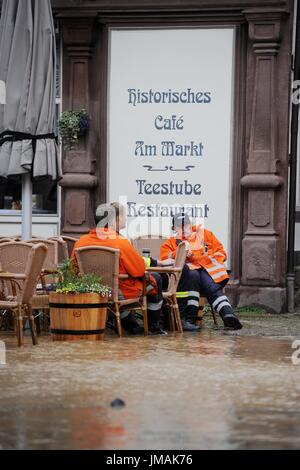 Fludded historical old town of Goslar, Germany, city of Goslar, 26. July 2017. Continuous rains have led to the flooding of several towns in southern Lower Saxony. Photo: Frank May | usage worldwide Stock Photo