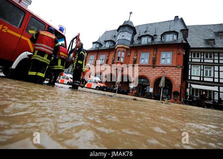 Fludded historical old town of Goslar, Germany, city of Goslar, 26. July 2017. Continuous rains have led to the flooding of several towns in southern Lower Saxony. Photo: Frank May | usage worldwide Stock Photo