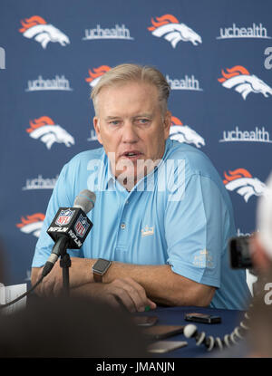 Englewood, Colorado, USA. 26th July, 2017. Denver Broncos President of Football Operations & General Manager JOHN ELWAY address the Media during the Denver Broncos Training Camp Media BBQ at the UCHealth Facility at Dove Valley Wednesday afternoon. Broncos Training Camp starts Thursday morning. Credit: Hector Acevedo/ZUMA Wire/Alamy Live News Stock Photo