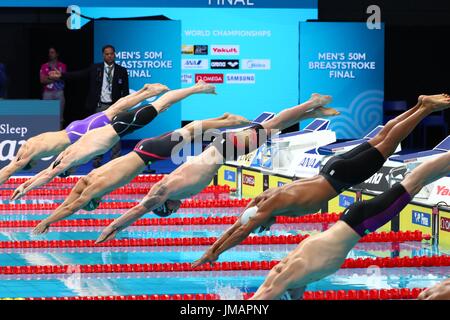 Budapest, Hungary. 26th July, 2017. Swimmers jump into the pool during the men's 50m breaststroke final of swimming at the 17th FINA World Championships in Budapest, Hungary, on July 26, 2017. Credit: Gong Bing/Xinhua/Alamy Live News Stock Photo