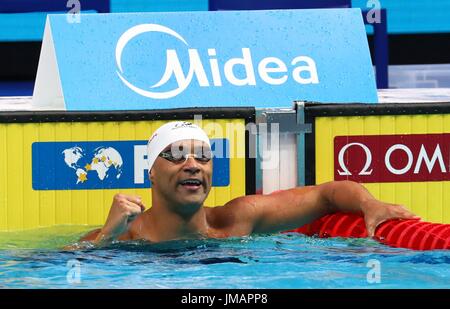 Budapest, Hungary. 26th July, 2017. Joao Gomes Junior of Brazil celebrates after the men's 50m breaststroke final of swimming at the 17th FINA World Championships in Budapest, Hungary, on July 26, 2017. Credit: Gong Bing/Xinhua/Alamy Live News Stock Photo