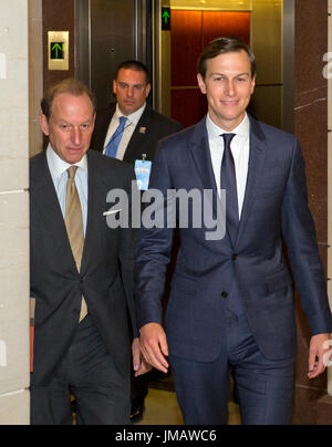 Washington, Us. 25th July, 2017. Trump senior advisor Jared Kushner, right, and his attorney, Abbe Lowell, left, arrive to give testimony before the US House Select Committee on Intelligence on his role meeting the Russians in relation to the 2016 US Presidential election on Capitol Hill in Washington, DC on Tuesday, July 25, 2017. Credit: Ron Sachs/CNP (RESTRICTION: NO New York or New Jersey Newspapers or newspapers within a 75 mile radius of New York City) - NO WIRE SERVICE - Photo: Ron Sachs/Consolidated/dpa/Alamy Live News Stock Photo