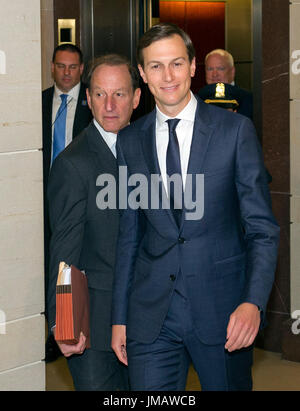 Washington, Us. 25th July, 2017. Trump senior advisor Jared Kushner, right, and his attorney, Abbe Lowell, left, arrive to give testimony before the US House Select Committee on Intelligence on his role meeting the Russians in relation to the 2016 US Presidential election on Capitol Hill in Washington, DC on Tuesday, July 25, 2017. Credit: Ron Sachs/CNP (RESTRICTION: NO New York or New Jersey Newspapers or newspapers within a 75 mile radius of New York City) - NO WIRE SERVICE - Photo: Ron Sachs/Consolidated/dpa/Alamy Live News Stock Photo