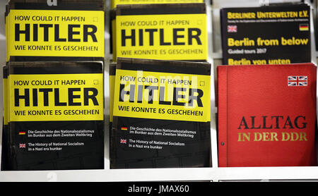 Berlin, Germany. 27th July, 2017. Information brochures at the 'Hitler: How Could it Happen?' exhibition in the bunker at Anhalter Bahnhof in Berlin, Germany, 27 July 2017. The exhibition covers the period between Hitler's birth and his death in 1945. Photo: Wolfgang Kumm/dpa/Alamy Live News Stock Photo