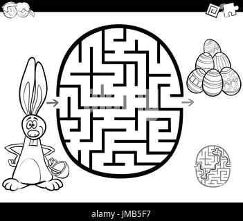 Black and White Cartoon Illustration of Education Maze or Labyrinth Game for Children with Easter Characters Coloring Page Stock Vector