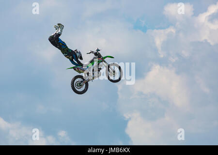 Jamie Squibb Freestyle Motocross display thrills the crowds at the New Forest & Hampshire Country Show, Brockenhurst, Hampshire in July Stock Photo