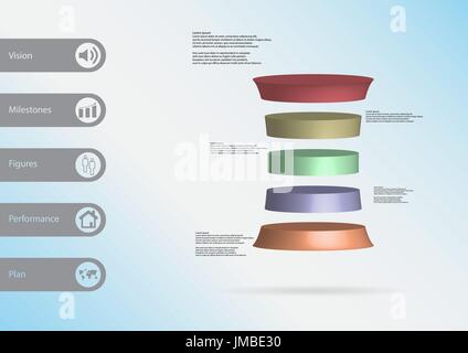 3D illustration infographic template with motif of deformed cylinder horizontally divided to five color slices with simple sign and sample text on sid Stock Vector