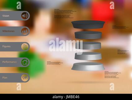 3D illustration infographic template with motif of deformed cylinder horizontally divided to five grey slices with simple sign and sample text on side Stock Vector