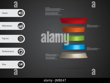 3D illustration infographic template with motif of deformed cylinder horizontally divided to five color slices with simple sign and sample text on sid Stock Vector