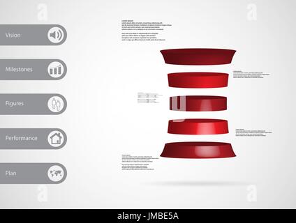 3D illustration infographic template with motif of deformed cylinder horizontally divided to five red slices with simple sign and sample text on side  Stock Vector