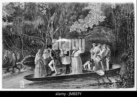 People on boat wearing formal dressed under aquatic hanging vegetation at Saint Benoit feast in the Amazonan region. Art by Riou and Carbonnead 1861 Stock Photo