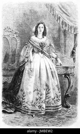 Teresa Cristina of the Two Sicilies full body portrait, brazilian Empress consort of Pedro II, indoor elegant dressed. Art by Riou 1861 Stock Photo