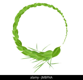 Round frame made of green leaves, alstroemeria and pink gerbera flowers ...