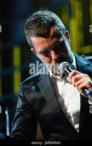 Brandon Flowers Killers performs 2007 KROQ Almost Acoustic Christmas Gibson Ampitheatre Universal City. Stock Photo