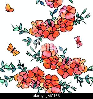 Seamless pattern with vector and watercolor flowers and butterfl Stock Vector