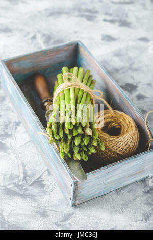 Raw asparagus, tangle of rope and knife in wooden box on light background Stock Photo