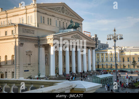 Unusual view of the State Academic Bolshoi Theatre of Russia and Theatre Square in center of Moscow, Russia Stock Photo