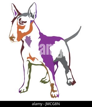 Decorative contour portrait of standing in profile dog Bull terrier, colorful vector isolated illustration on white background Stock Vector