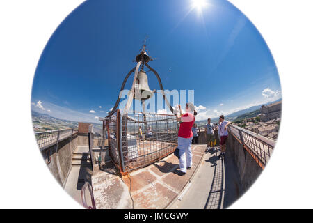 tourists on the top of bell tower in Orvieto, Italy Stock Photo