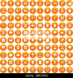 100 camping and nature icons set orange Stock Vector