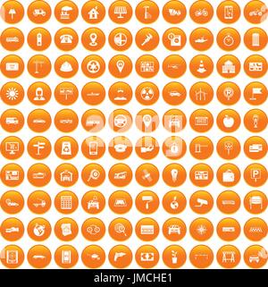 100 car icons set orange Stock Vector
