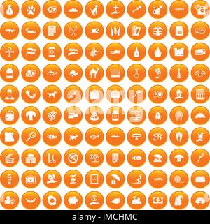 100 cat icons set orange Stock Vector