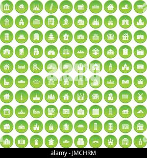 100 building icons set green Stock Vector