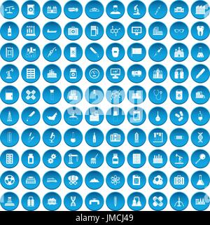 100 chemical industry icons set blue Stock Vector
