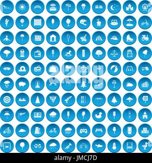 100 childrens park icons set blue Stock Vector