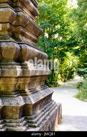 Closeup of the basement of the stone Memorial to the Cambodians and Laotians who died for France, situated in the Garden of Tropical Agronomy in Paris Stock Photo