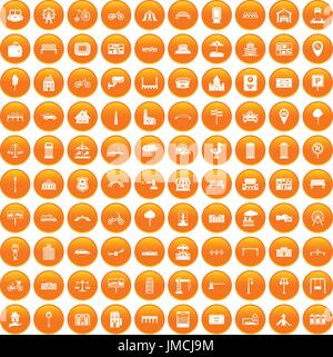 100 city icons set orange Stock Vector