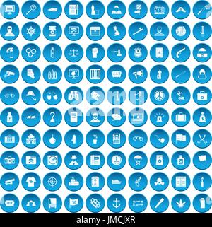 100 crime investigation icons set blue Stock Vector