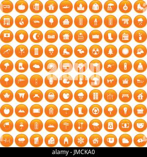 100 country house icons set orange Stock Vector