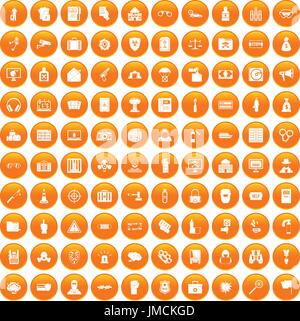 100 crime icons set orange Stock Vector