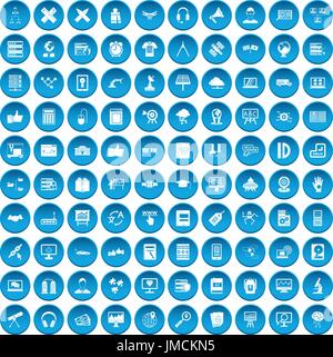 100 education technology icons set blue Stock Vector