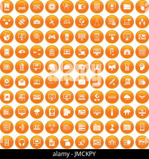 100 database and cloud icons set orange Stock Vector