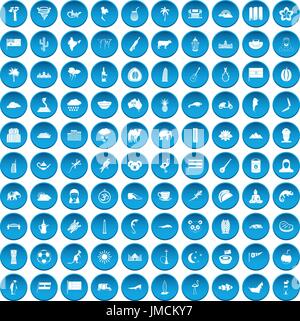 100 exotic animals icons set blue Stock Vector